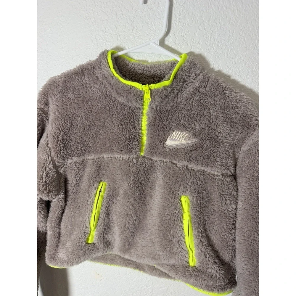 NIKE Womens Small Neon Cropped Fuzzy Pullover 1/4 Zip Mock Neck Pockets